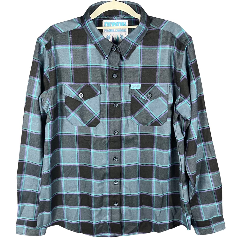Dixxon Flannel Co Resilience Shirt Women Large Teal Purple Plaid D-Tech